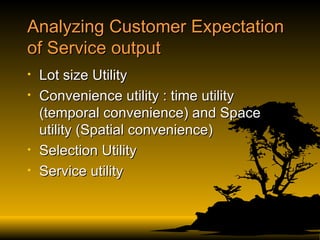 Analyzing Customer Expectation of Service output Lot size Utility Convenience utility : time utility (temporal convenience) and Space utility (Spatial convenience) Selection Utility Service utility 