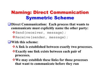 Naming: Direct Communication
       Symmetric Scheme
qDirect Communication: Each process that wants to
 communicate must explicitly name the other party:
  vSend(receiver, message);
  vReceive(sender, message);
qWith this scheme:
  vA link is established between exactly two processes.
  vExactly one link exists between each pair of
   processes.
  vWe may establish these links for those processes
   that want to communicate before they run
 
