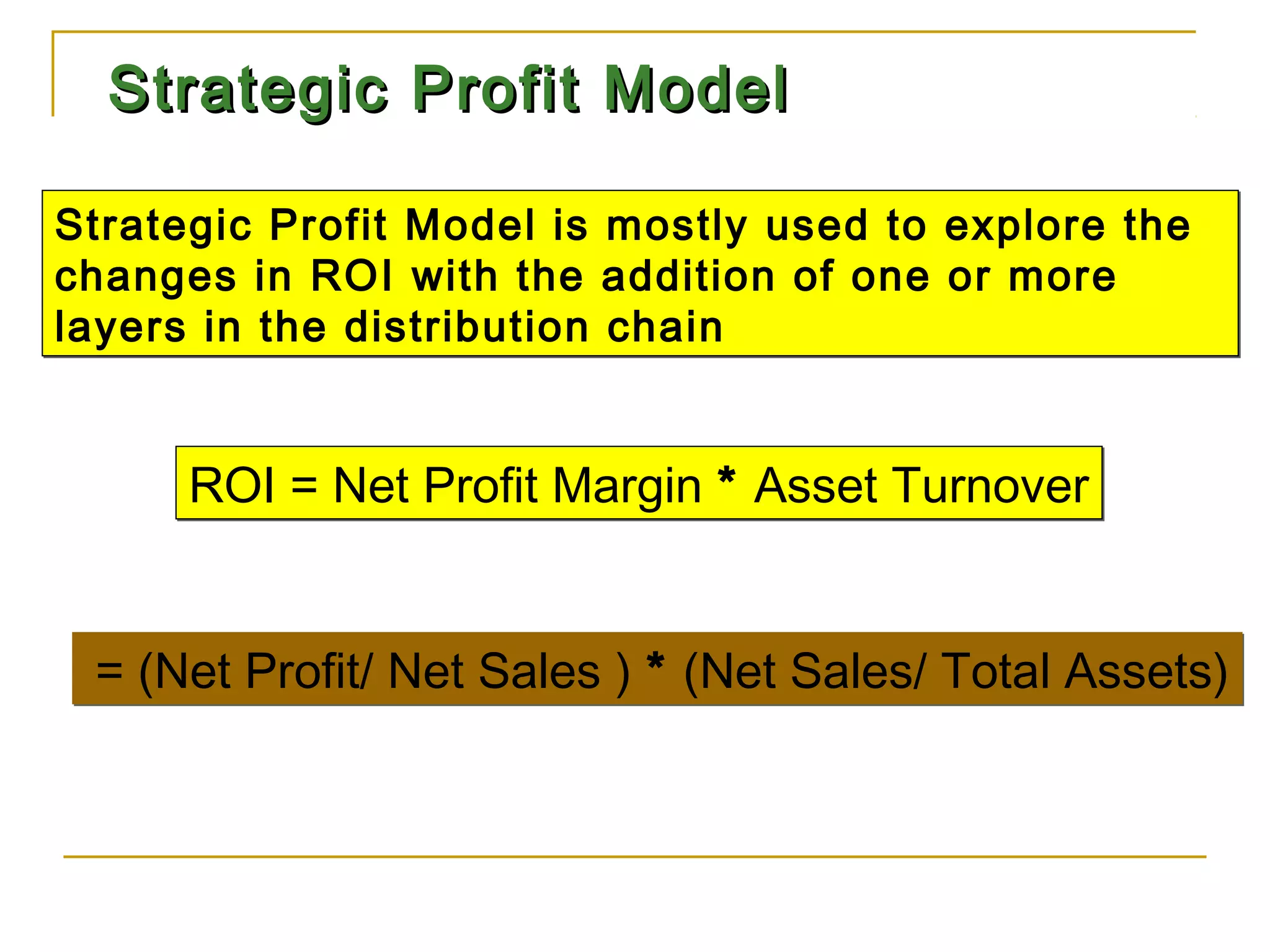 Strategic Profit Model

Strategic Profit Model is mostly used to explore the
changes in ROI with the addition of one or more
layers in the distribution chain


      ROI = Net Profit Margin * Asset Turnover


 = (Net Profit/ Net Sales ) * (Net Sales/ Total Assets)
 