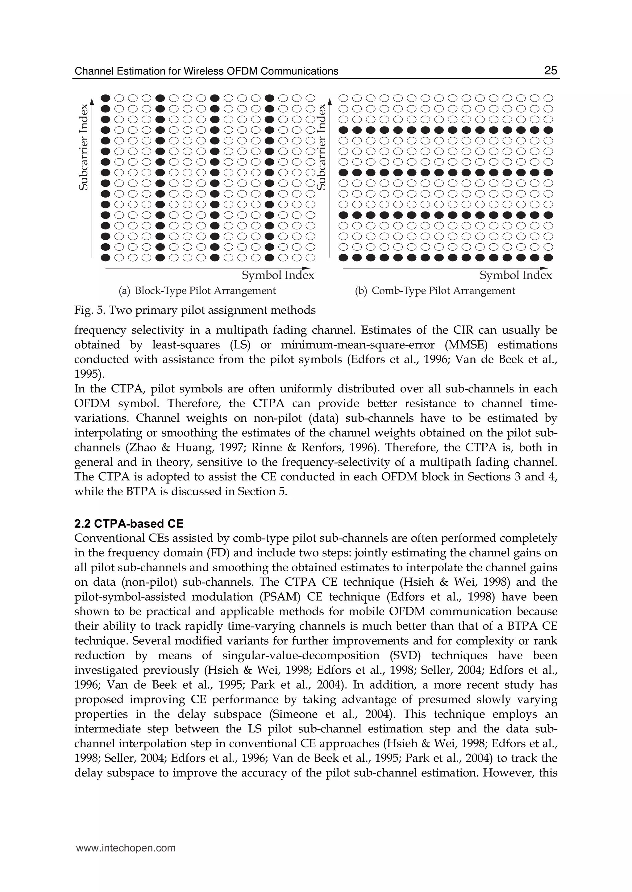 Channel Estimation for Wireless OFDM Communications 25
Symbol Index
SubcarrierIndex
(a) Block-Type Pilot Arrangement
Symbol Index
SubcarrierIndex
(b) Comb-Type Pilot Arrangement
Fig. 5. Two primary pilot assignment methods
frequency selectivity in a multipath fading channel. Estimates of the CIR can usually be
obtained by least-squares (LS) or minimum-mean-square-error (MMSE) estimations
conducted with assistance from the pilot symbols (Edfors et al., 1996; Van de Beek et al.,
1995).
In the CTPA, pilot symbols are often uniformly distributed over all sub-channels in each
OFDM symbol. Therefore, the CTPA can provide better resistance to channel time-
variations. Channel weights on non-pilot (data) sub-channels have to be estimated by
interpolating or smoothing the estimates of the channel weights obtained on the pilot sub-
channels (Zhao & Huang, 1997; Rinne & Renfors, 1996). Therefore, the CTPA is, both in
general and in theory, sensitive to the frequency-selectivity of a multipath fading channel.
The CTPA is adopted to assist the CE conducted in each OFDM block in Sections 3 and 4,
while the BTPA is discussed in Section 5.
2.2 CTPA-based CE
Conventional CEs assisted by comb-type pilot sub-channels are often performed completely
in the frequency domain (FD) and include two steps: jointly estimating the channel gains on
all pilot sub-channels and smoothing the obtained estimates to interpolate the channel gains
on data (non-pilot) sub-channels. The CTPA CE technique (Hsieh & Wei, 1998) and the
pilot-symbol-assisted modulation (PSAM) CE technique (Edfors et al., 1998) have been
shown to be practical and applicable methods for mobile OFDM communication because
their ability to track rapidly time-varying channels is much better than that of a BTPA CE
technique. Several modified variants for further improvements and for complexity or rank
reduction by means of singular-value-decomposition (SVD) techniques have been
investigated previously (Hsieh & Wei, 1998; Edfors et al., 1998; Seller, 2004; Edfors et al.,
1996; Van de Beek et al., 1995; Park et al., 2004). In addition, a more recent study has
proposed improving CE performance by taking advantage of presumed slowly varying
properties in the delay subspace (Simeone et al., 2004). This technique employs an
intermediate step between the LS pilot sub-channel estimation step and the data sub-
channel interpolation step in conventional CE approaches (Hsieh & Wei, 1998; Edfors et al.,
1998; Seller, 2004; Edfors et al., 1996; Van de Beek et al., 1995; Park et al., 2004) to track the
delay subspace to improve the accuracy of the pilot sub-channel estimation. However, this
www.intechopen.com
 