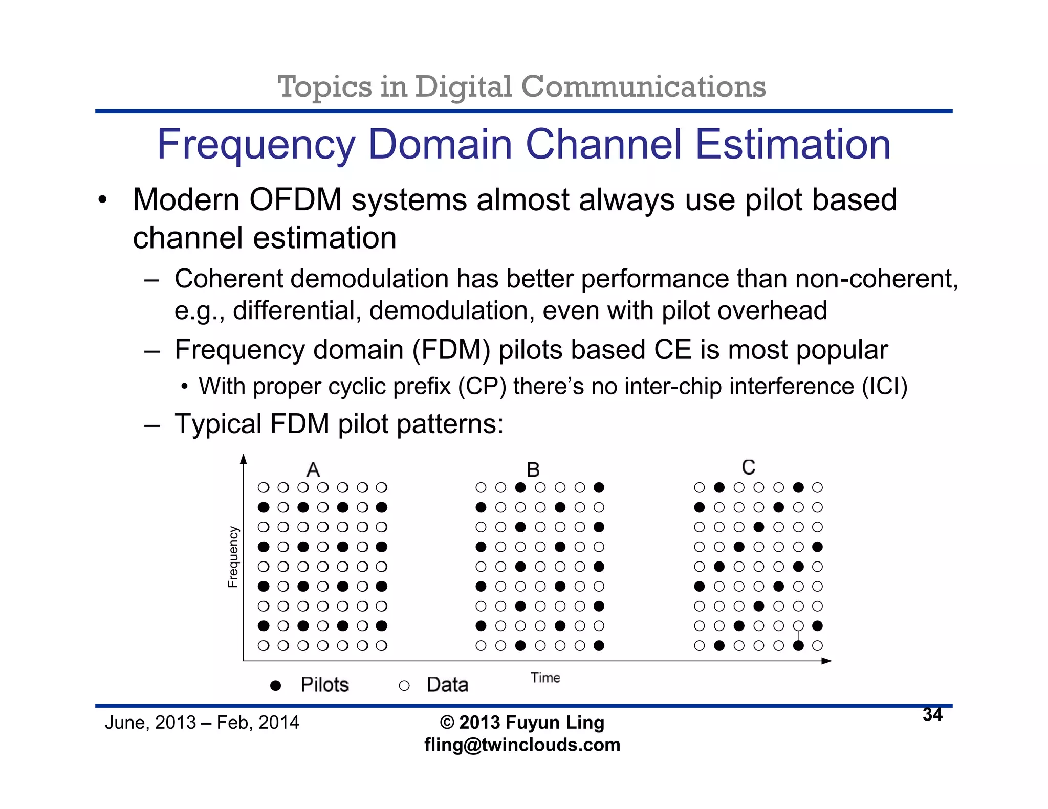 Topics in Digital Communications
June, 2013 – Feb, 2014 © 2013 Fuyun Ling
fling@twinclouds.com
Frequency Domain Channel Estimation
• Modern OFDM systems almost always use pilot based
channel estimation
– Coherent demodulation has better performance than non-coherent,
e.g., differential, demodulation, even with pilot overhead
– Frequency domain (FDM) pilots based CE is most popular
• With proper cyclic prefix (CP) there’s no inter-chip interference (ICI)
– Typical FDM pilot patterns:
34
Frequency
 