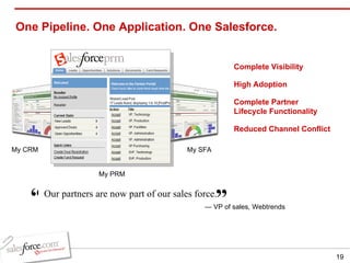 One Pipeline. One Application. One Salesforce. ” —  VP of sales, Webtrends Our partners are now part of our sales force.   “ My CRM My SFA Complete Visibility High Adoption   Complete Partner Lifecycle Functionality Reduced Channel Conflict My PRM 