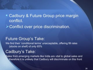 Cadbury & Future Group price margin conflict. Conflict over price discrimination. Future Group’s Take: We find their ‘conditional terms’ unacceptable, offering fill rates  (stocks on shelf) of only 65% Cadbury’s Take: Sales from emerging markets like India are vital to global sales and therefore it is unlikely that Cadbury will discriminate on this front 
