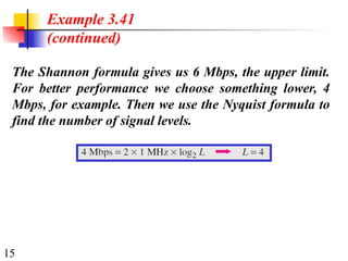 15
The Shannon formula gives us 6 Mbps, the upper limit.
For better performance we choose something lower, 4
Mbps, for example. Then we use the Nyquist formula to
find the number of signal levels.
Example 3.41
(continued)
 