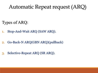 Types of ARQ:
1. Stop-And-Wait ARQ (SAW ARQ).
2. Go-Back-N ARQ(GBN ARQ)(pullback)
3. Selective-Repeat ARQ (SR ARQ).
Automatic Repeat request (ARQ)
 