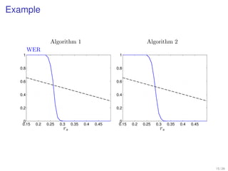 Example


                 Algorithm 1                                     Algorithm 2
        WER
   1                                              1


  0.8                                            0.8


  0.6                                            0.6


  0.4                                            0.4


  0.2                                            0.2


   0                                              0
   0.15   0.2   0.25   0.3   0.35   0.4   0.45    0.15   0.2   0.25   0.3    0.35   0.4   0.45
                        rs                                              rs




                                                                                                 15 / 26
 