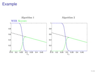 Example


              Algorithm 1                                        Algorithm 2
        WER Keyrate
   1                                              1


  0.8                                            0.8


  0.6                                            0.6


  0.4                                            0.4


  0.2                                            0.2


   0                                              0
   0.15   0.2   0.25   0.3   0.35   0.4   0.45    0.15   0.2   0.25   0.3    0.35   0.4   0.45
                        rs                                              rs




                                                                                                 15 / 26
 