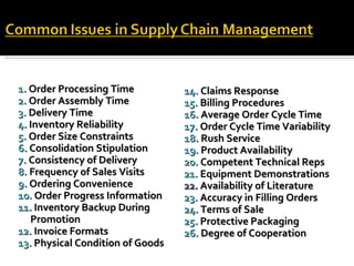 1.  Order Processing Time 2.  Order Assembly Time 3.  Delivery Time 4.  Inventory Reliability 5.  Order Size Constraints 6.  Consolidation Stipulation 7.  Consistency of Delivery 8.  Frequency of Sales Visits 9.  Ordering Convenience 10.  Order Progress Information 11.  Inventory Backup During Promotion 12.  Invoice Formats 13.  Physical Condition of Goods 14.  Claims Response 15.  Billing Procedures 16.  Average Order Cycle Time 17.  Order Cycle Time Variability 18.  Rush Service 19.  Product Availability 20.  Competent Technical Reps 21.  Equipment Demonstrations 22.  Availability of Literature 23.  Accuracy in Filling Orders 24.  Terms of Sale 25.  Protective Packaging 26.  Degree of Cooperation 