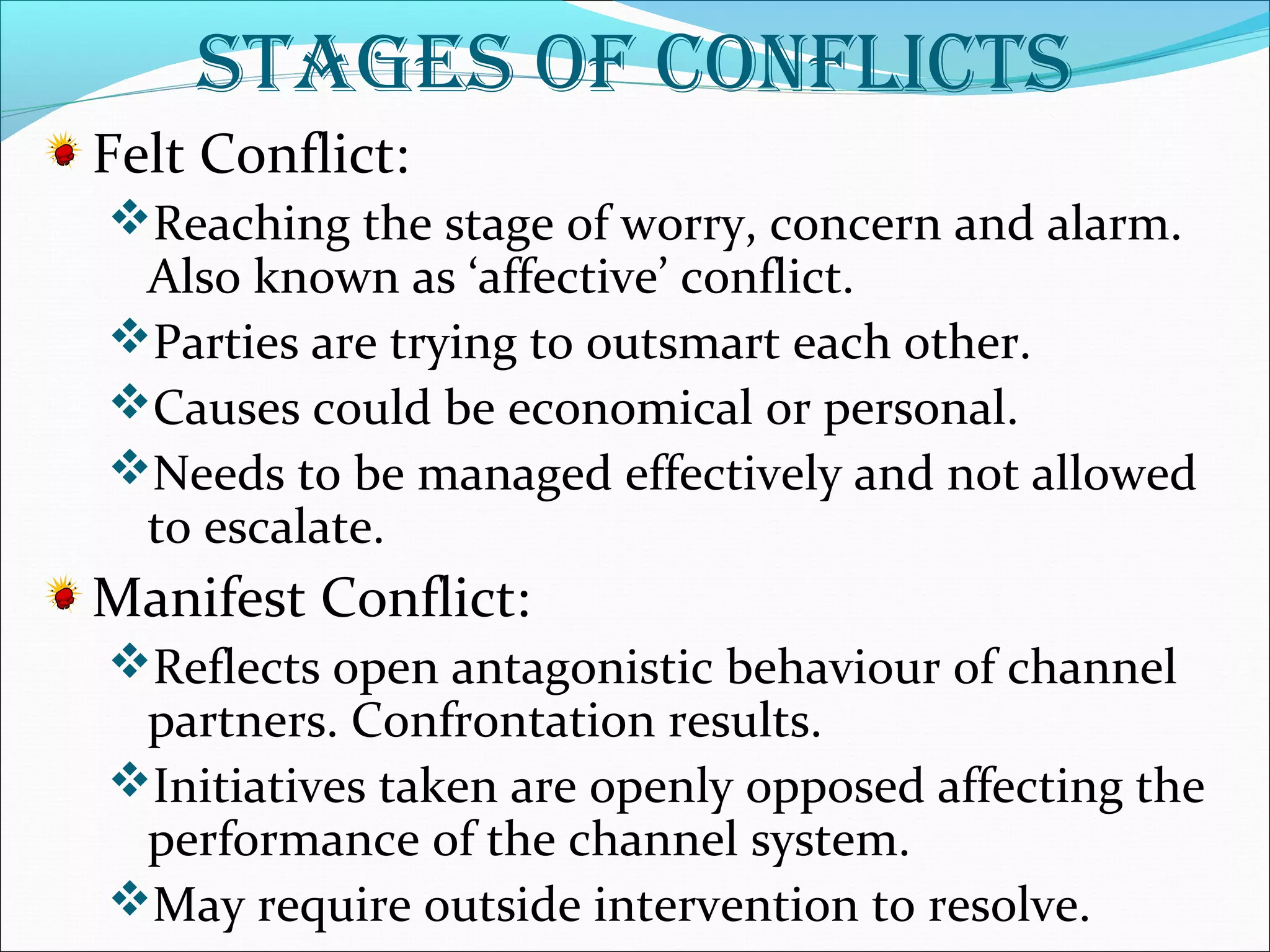 StageS oF conFlictS 
Felt Conflict: 
Reaching the stage of worry, concern and alarm. 
Also known as ‘affective’ conflict. 
Parties are trying to outsmart each other. 
Causes could be economical or personal. 
Needs to be managed effectively and not allowed 
to escalate. 
Manifest Conflict: 
Reflects open antagonistic behaviour of channel 
partners. Confrontation results. 
Initiatives taken are openly opposed affecting the 
performance of the channel system. 
May require outside intervention to resolve. 
 