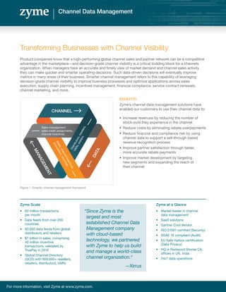 Channel Data Management
Transforming Businesses with Channel Visibility
Product companies know that a high-performing global channel sales and partner network can be a competitive
advantage in the marketplace—and decision-grade channel visibility is a critical building block for a channels
organization. When managers have an accurate and timely view of market demand and channel sales activity
they can make quicker and smarter operating decisions. Such data-driven decisions will eventually improve
metrics in many areas of their business. Smarter channel management refers to this capability of leveraging
decision-grade channel visibility to improve business processes and optimize applications across sales
execution, supply chain planning, incentives management, financial compliance, service contract renewals,
channel marketing, and more.
Figure 1: Smarter channel management framework
Zyme Scale
•	 60 million transactions
per month
•	 Data feeds from over 200
countries
•	 60,000 data feeds from global
distributors and retailers
•	 $7 billion in sales, comprising
40 million incentive
transactions, validated by
TruePay in 2014
•	 Global Channel Directory
(GCD) with 900,000+ resellers,
retailers, distributors, VARs
CHANNEL
DATA
Distributors,resellers,
VARs,etailers
MANAGEMENT
Sales,channelincentives,
promotions,inventory
Sales management,
sales credit assignments,
channel incentives
For more information, visit Zyme at www.zyme.com.
BENEFITS
Zyme’s channel data management solutions have
enabled our customers to use their channel data to:
•	 Increase revenues by reducing the number of
stock-outs they experience in the channel
•	 Reduce costs by eliminating rebate overpayments
•	 Reduce financial and compliance risk by using
channel data to support a sell-through based
revenue recognition process
•	 Improve partner satisfaction through faster,
more accurate rebate payments
•	 Improve market development by targeting
new segments and expanding the reach of
their channel
Zyme at a Glance
•	 Market leader in channel
data management
•	 SaaS solutions
•	 Gartner Cool Vendor
•	 ISO 27001 certified (Security)
•	 SSAE 16 compliant (Audit)
•	 EU Safe Harbor certification
(Data Privacy)
•	 HQ in Redwood Shores CA,
offices in UK, India
•	 24x7 data operations
“Since Zyme is the
largest and most
established Channel Data
Management company
with cloud-based
technology, we partnered
with Zyme to help us build
and manage a world-class
channel organization.”
—Xirrus
 