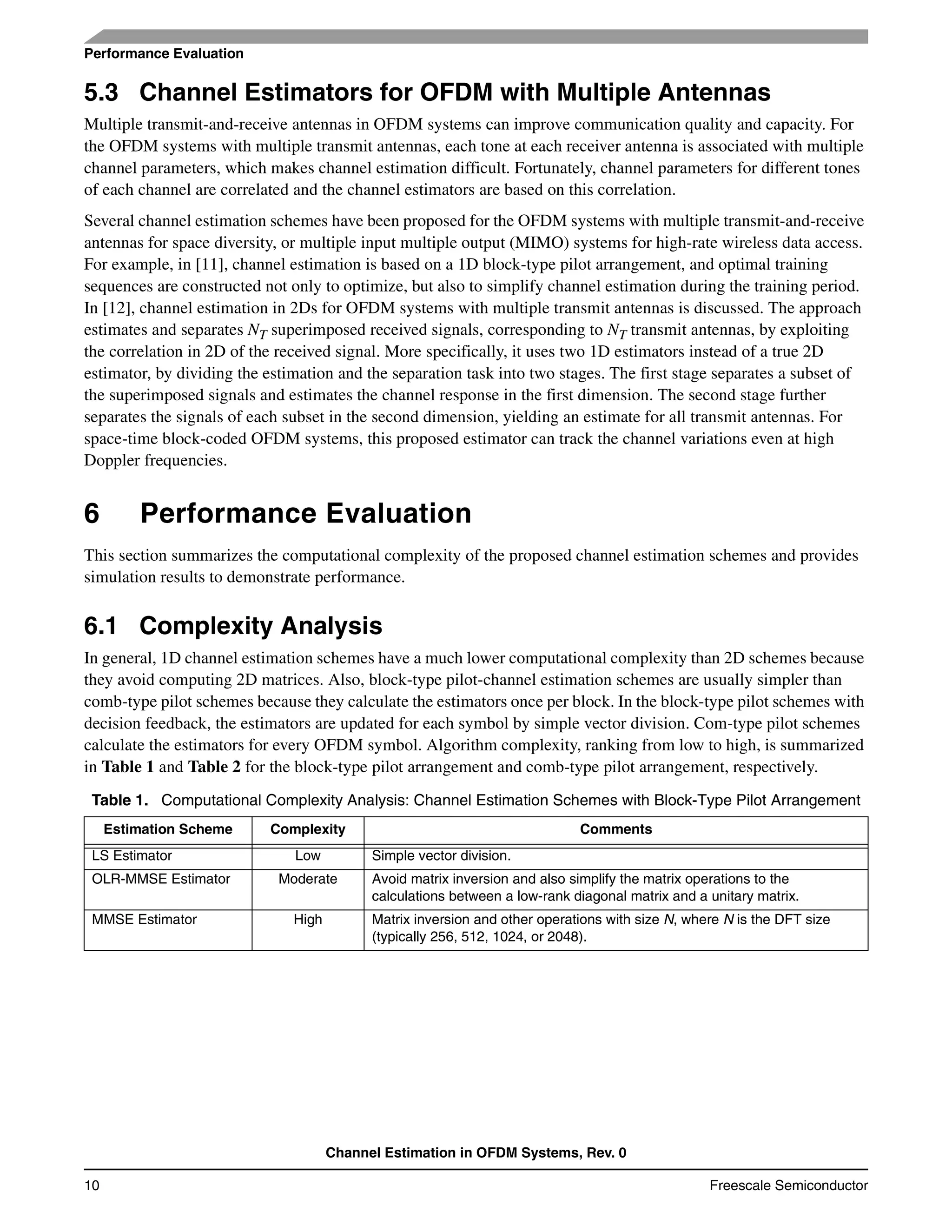 Channel Estimation in OFDM Systems, Rev. 0
10 Freescale Semiconductor
Performance Evaluation
5.3 Channel Estimators for OFDM with Multiple Antennas
Multiple transmit-and-receive antennas in OFDM systems can improve communication quality and capacity. For
the OFDM systems with multiple transmit antennas, each tone at each receiver antenna is associated with multiple
channel parameters, which makes channel estimation difficult. Fortunately, channel parameters for different tones
of each channel are correlated and the channel estimators are based on this correlation.
Several channel estimation schemes have been proposed for the OFDM systems with multiple transmit-and-receive
antennas for space diversity, or multiple input multiple output (MIMO) systems for high-rate wireless data access.
For example, in [11], channel estimation is based on a 1D block-type pilot arrangement, and optimal training
sequences are constructed not only to optimize, but also to simplify channel estimation during the training period.
In [12], channel estimation in 2Ds for OFDM systems with multiple transmit antennas is discussed. The approach
estimates and separates NT superimposed received signals, corresponding to NT transmit antennas, by exploiting
the correlation in 2D of the received signal. More specifically, it uses two 1D estimators instead of a true 2D
estimator, by dividing the estimation and the separation task into two stages. The first stage separates a subset of
the superimposed signals and estimates the channel response in the first dimension. The second stage further
separates the signals of each subset in the second dimension, yielding an estimate for all transmit antennas. For
space-time block-coded OFDM systems, this proposed estimator can track the channel variations even at high
Doppler frequencies.
6 Performance Evaluation
This section summarizes the computational complexity of the proposed channel estimation schemes and provides
simulation results to demonstrate performance.
6.1 Complexity Analysis
In general, 1D channel estimation schemes have a much lower computational complexity than 2D schemes because
they avoid computing 2D matrices. Also, block-type pilot-channel estimation schemes are usually simpler than
comb-type pilot schemes because they calculate the estimators once per block. In the block-type pilot schemes with
decision feedback, the estimators are updated for each symbol by simple vector division. Com-type pilot schemes
calculate the estimators for every OFDM symbol. Algorithm complexity, ranking from low to high, is summarized
in Table 1 and Table 2 for the block-type pilot arrangement and comb-type pilot arrangement, respectively.
Table 1. Computational Complexity Analysis: Channel Estimation Schemes with Block-Type Pilot Arrangement
Estimation Scheme Complexity Comments
LS Estimator Low Simple vector division.
OLR-MMSE Estimator Moderate Avoid matrix inversion and also simplify the matrix operations to the
calculations between a low-rank diagonal matrix and a unitary matrix.
MMSE Estimator High Matrix inversion and other operations with size N, where N is the DFT size
(typically 256, 512, 1024, or 2048).
 