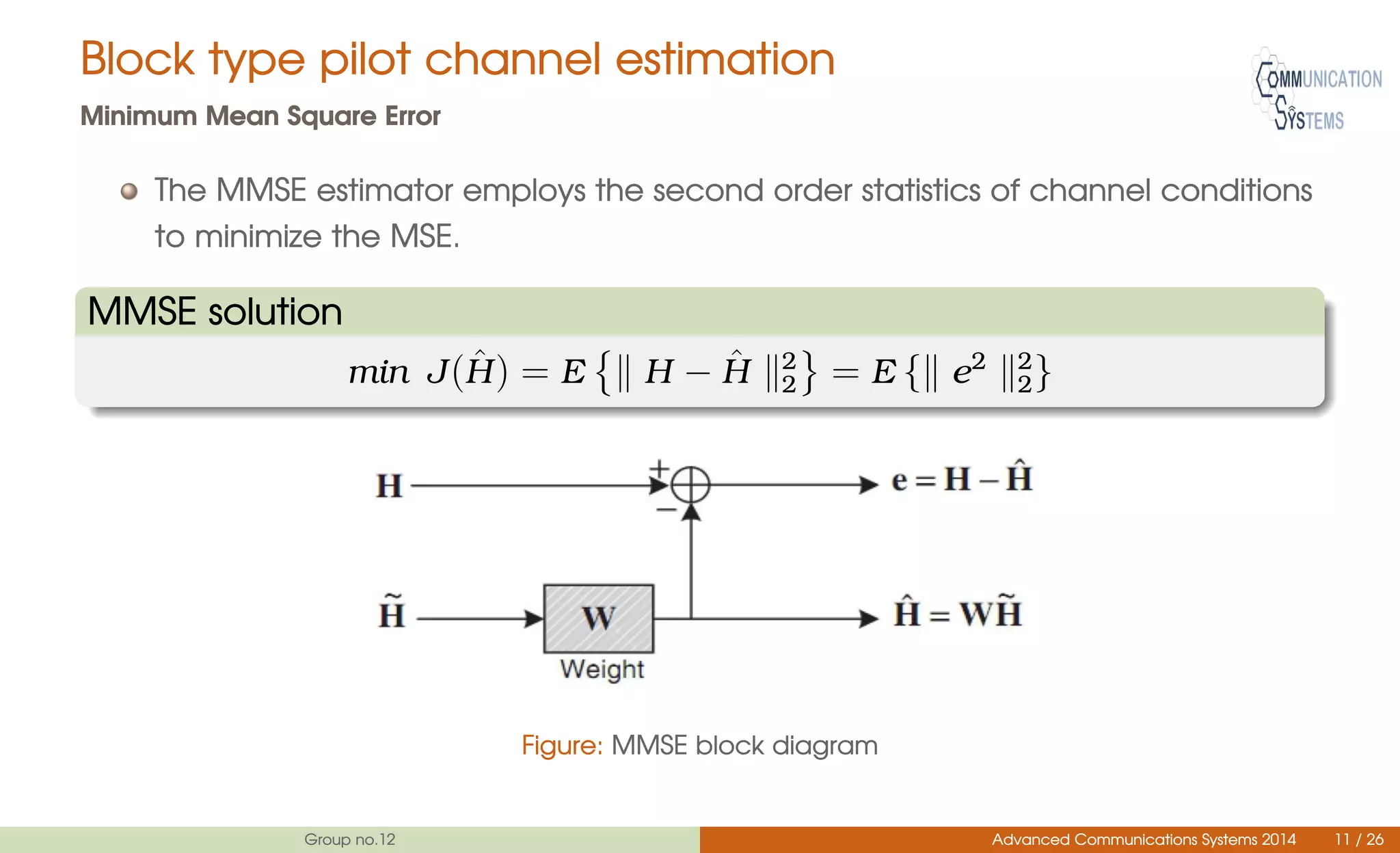 Block type pilot channel estimation
Minimum Mean Square Error
The MMSE estimator employs the second order statistics of channel conditions
to minimize the MSE.
MMSE solution
min J( ˆH) = E H − ˆH 2
2 = E { e2 2
2}
Figure: MMSE block diagram
Group no.12 Advanced Communications Systems 2014 11 / 26
 