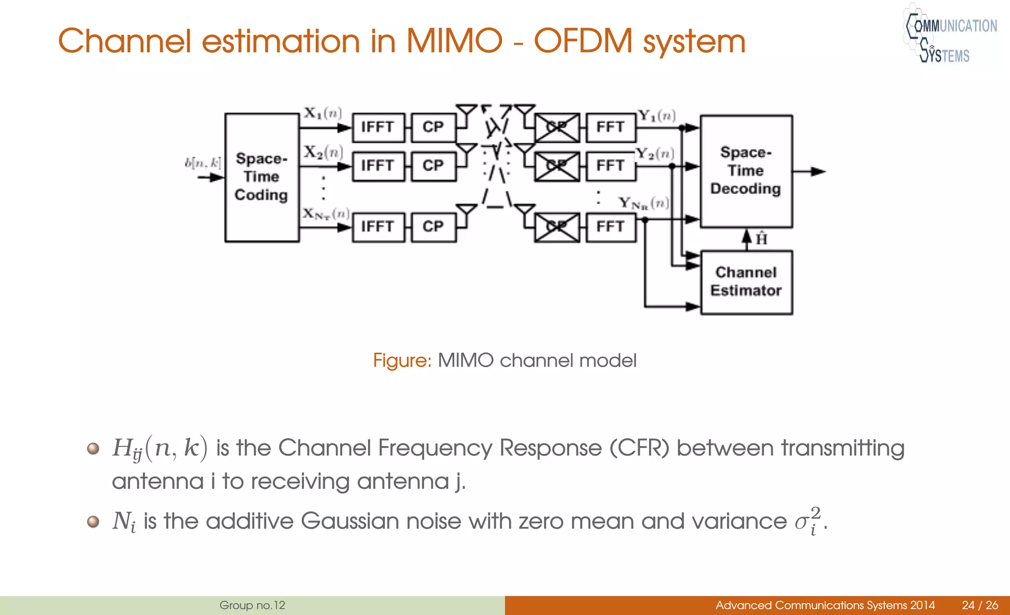 Channel estimation in MIMO - OFDM system
Figure: MIMO channel model
Hĳ(n, k) is the Channel Frequency Response (CFR) between transmitting
antenna i to receiving antenna j.
Ni is the additive Gaussian noise with zero mean and variance σ2
i .
Group no.12 Advanced Communications Systems 2014 24 / 26
 