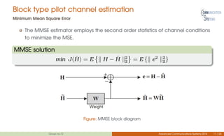 Block type pilot channel estimation
Minimum Mean Square Error
The MMSE estimator employs the second order statistics of channel conditions
to minimize the MSE.
MMSE solution
min J( ˆH) = E H − ˆH 2
2 = E { e2 2
2}
Figure: MMSE block diagram
Group no.12 Advanced Communications Systems 2014 11 / 26
 