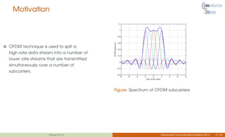 Motivation
OFDM technique is used to split a
high-rate data stream into a number of
lower rate streams that are transmitted
simultaneously over a number of
subcarriers.
Figure: Spectrum of OFDM subcarriers
Group no.12 Advanced Communications Systems 2014 2 / 26
 