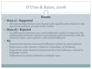 D’Urso & Rains, 2008
Results
 H1(a-c) - Supported
 All experiential factors were found to be significantly related to the
perceived richness of each of the media
 H2(a-d) - Rejected
 no differences between new and traditional media in regard to the
relationship between richness perceptions and experience with the
channel, topic, one’s partner, and social influence
 RQ
 Experiential factors and social influence related to personalness
 Experience with channel related to immediacy of feedback
 Experience with channel and perceived social influence related to
language variety
 Differences in media related to multiple cues

 