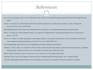 References
Banner design email [Image]. Creative Jar, 2013. Retrieved from http://creative-jar.com/insights/labs/programming/html-email/html-emails-coding-like-its-the1990s-2/
Carlson, J. R., & Zmud, R. W. (1999). Channel expansion theory and the experiential nature of media richness perceptions. Academy of Management
Journal, 42(2), 153-170. doi:10.2307/257090
Charles Babbage Institute (1988). Modular office [Photograph]. Retrieved from http://www.smithsonianeducation.org/scitech/carbons/start.html
Daft, R. L., & Lengel, R. H. (1984). Information richness: A new approach to managerial behavior and organizational design. Research in Organizational
Behavior, 6, 191-233.
D’Urso, S. C., & Rains, S. A. (2008). Examining the scope of channel expansion: A test of channel expansion theory with new and traditional communication
media. Management Communication Quarterly, 21(4), 486-507. doi:10.1177/0893318907313712
Email 640 [Photograph]. Retrieved from http://www.theguardian.com/technology/2008/aug/28/email.addiction
Fernandez, V., Simo, P., Sallan, J. M., & Enache, M. (2013). Evolution of online discussion forum richness according to channel expansion theory: A longitudinal
panel data analysis. Computers & Education, 62, 32-40. doi:http://dx.doi.org/10.1016/j.compedu.2012.10.020
Miller, K. (2005). Communication theories: Perspectives, processes, and contexts. (2nd ed.). Boston: McGraw-Hill

Tntdj (2007). Media richness theory [Diagram]. Retrieved from http://en.wikipedia.org/wiki/File:Media_Richness_Theory_Diagram_PNG.png
1980s phone [Photograph]. Retrieved from http://www.australiansuper.com/tools-and-resources/blog/2013/07/having-a-stockbroker-is-so-80s.aspx

 