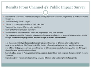 Results From Channel 4’s Public Impact Survey
 Results from Channel 4’s recent Public Impact survey show that Channel 4 programmes in particular inspire
viewers to:
 Think differently about a subject
 Think about changing something in their own lives
 Try something new or different after watching
 Look for further information elsewhere
 And most of all, to talk to others about the programmes they have watched
 The survey measured 26 Channel 4 programmes from a range of genres in terms of how much they inspire
change. 20 of these 26 programmes inspired change in at least 70% of viewers.
 1 in 4 viewers of Kirsty’s Homemade Home tried something new or different after watching the
programme and almost 2 in 5 have looked for further information elsewhere after watching the show.
 2 in 5 River Cottage viewers tried something new or different as a result of watching, while 1 in 4 thought
about changing something in their lives.
 Sex Education Show vs Pornography and Supersize vs. Superskinny both inspired change among 4 in every
5 viewers.
 More than 1 in 4 viewers tried something new and different after watching Gok’s Fashion Fix
 