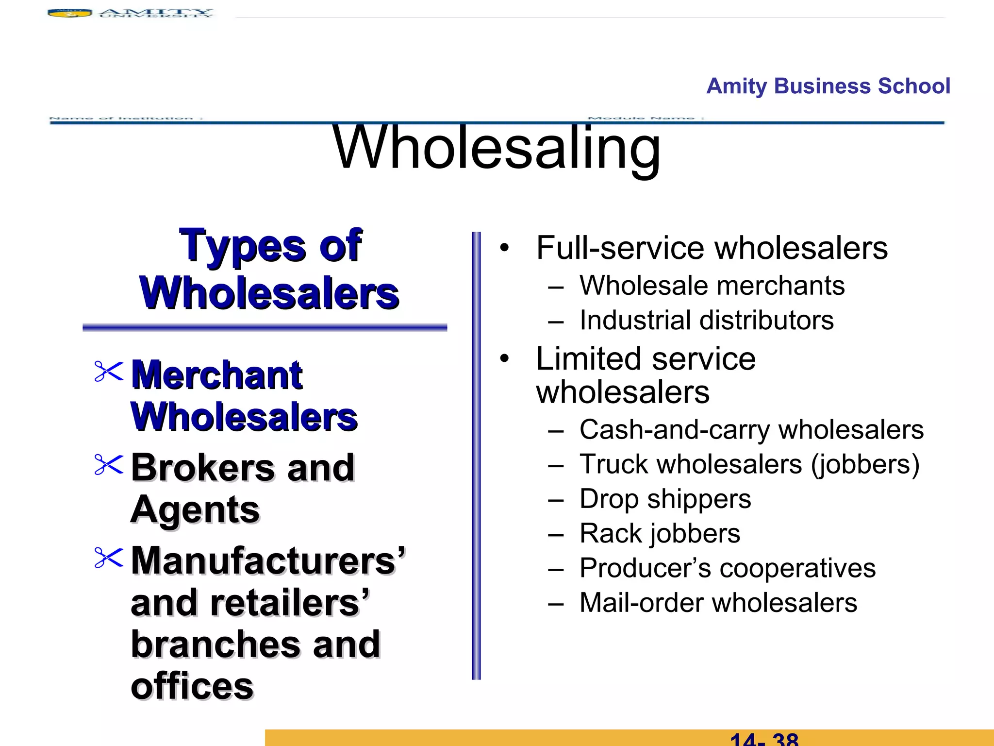 Wholesaling Full-service wholesalers Wholesale merchants Industrial distributors Limited service wholesalers Cash-and-carry wholesalers Truck wholesalers (jobbers) Drop shippers Rack jobbers Producer’s cooperatives Mail-order wholesalers 14-  Merchant Wholesalers Brokers and Agents  Manufacturers’ and retailers’ branches and offices Types of Wholesalers 