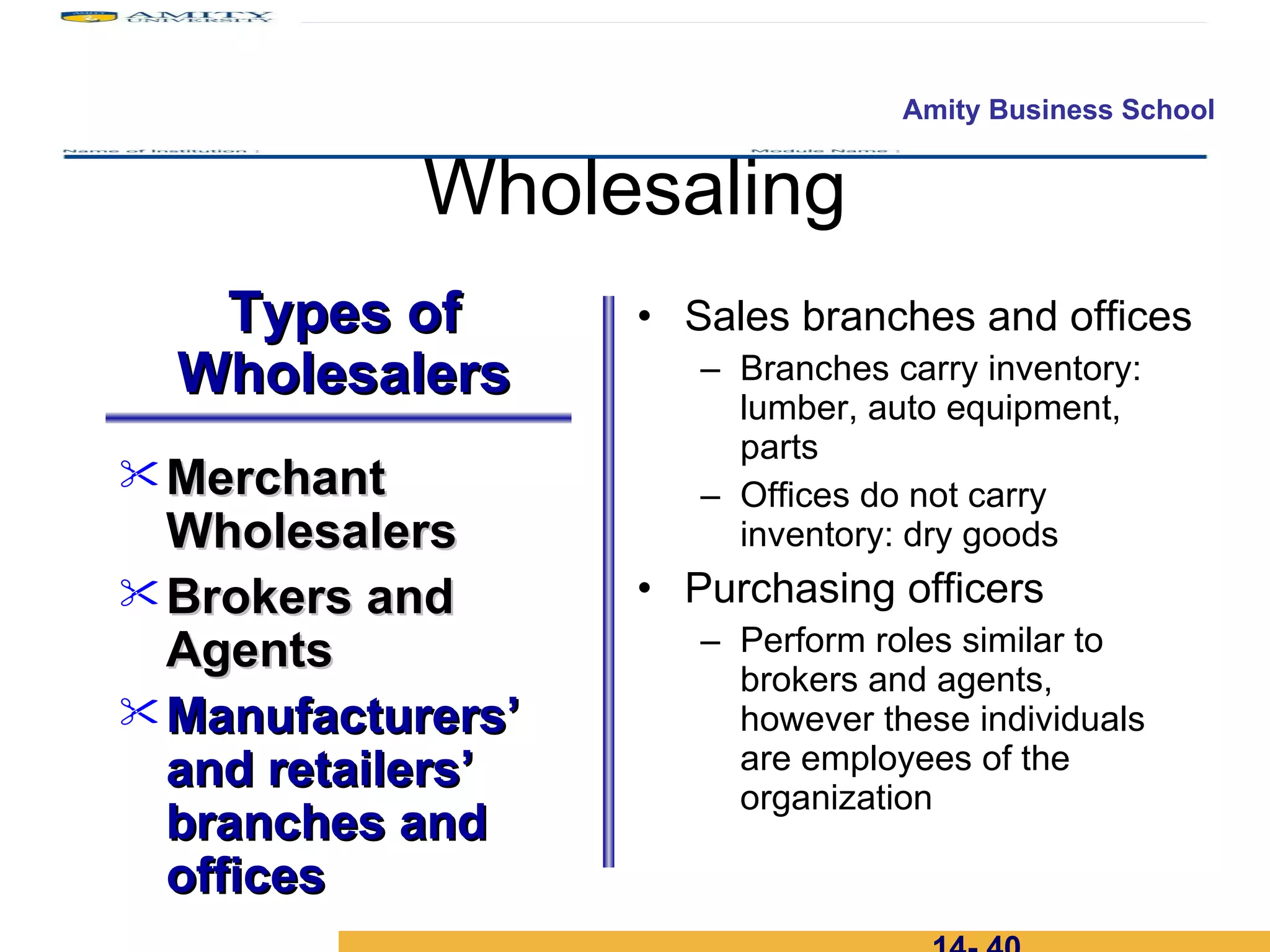 Wholesaling Sales branches and offices Branches carry inventory: lumber, auto equipment, parts Offices do not carry inventory: dry goods Purchasing officers Perform roles similar to brokers and agents, however these individuals are employees of the organization 14-  Merchant Wholesalers Brokers and Agents  Manufacturers’ and retailers’ branches and offices Types of Wholesalers 