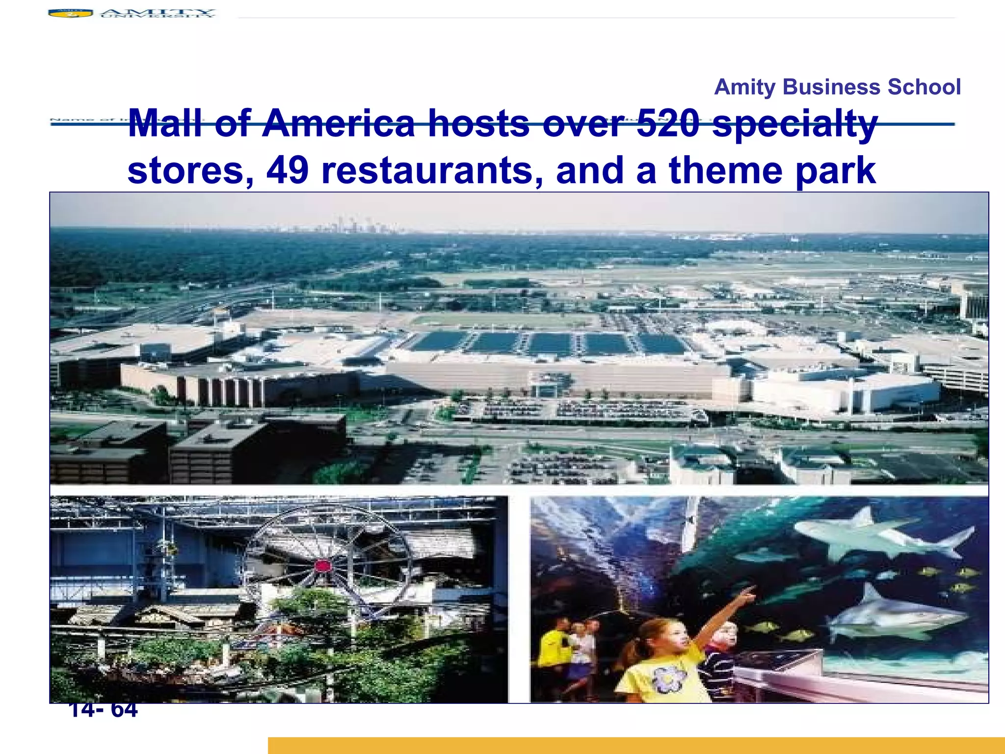14-  Mall of America hosts over 520 specialty stores, 49 restaurants, and a theme park 