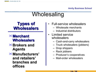 Wholesaling Full-service wholesalers Wholesale merchants Industrial distributors Limited service wholesalers Cash-and-carry wholesalers Truck wholesalers (jobbers) Drop shippers Rack jobbers Producer’s cooperatives Mail-order wholesalers 14-  Merchant Wholesalers Brokers and Agents  Manufacturers’ and retailers’ branches and offices Types of Wholesalers 