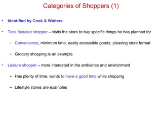 Categories of Shoppers (1)
• Identified by Cook & Walters
• Task focused shopper – visits the store to buy specific things he has planned for
– Convenience, minimum time, easily accessible goods, pleasing store format
– Grocery shopping is an example
• Leisure shopper – more interested in the ambience and environment
– Has plenty of time, wants to have a good time while shopping
– Lifestyle stores are examples
 