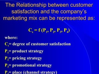 The Relationship between customerThe Relationship between customer
satisfaction and the company’ssatisfaction and the company’s
marketing mix can be represented as:marketing mix can be represented as:
CCss = f (P= f (P11, P, P22, P, P33, P, P44))
where:where:
CCss= degree of customer satisfaction= degree of customer satisfaction
PP11= product strategy= product strategy
PP22= pricing strategy= pricing strategy
PP33= promotional strategy= promotional strategy
PP = place (channel strategy)= place (channel strategy)
 