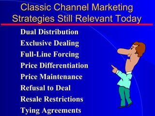 Classic Channel MarketingClassic Channel Marketing
Strategies Still Relevant TodayStrategies Still Relevant Today
Dual DistributionDual Distribution
Exclusive DealingExclusive Dealing
Full-Line ForcingFull-Line Forcing
Price DifferentiationPrice Differentiation
Price MaintenancePrice Maintenance
Refusal to DealRefusal to Deal
Resale RestrictionsResale Restrictions
Tying AgreementsTying Agreements
 