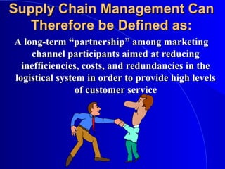Supply Chain Management CanSupply Chain Management Can
Therefore be Defined as:Therefore be Defined as:
A long-term “partnership” among marketingA long-term “partnership” among marketing
channel participants aimed at reducingchannel participants aimed at reducing
inefficiencies, costs, and redundancies in theinefficiencies, costs, and redundancies in the
logistical system in order to provide high levelslogistical system in order to provide high levels
of customer serviceof customer service
 