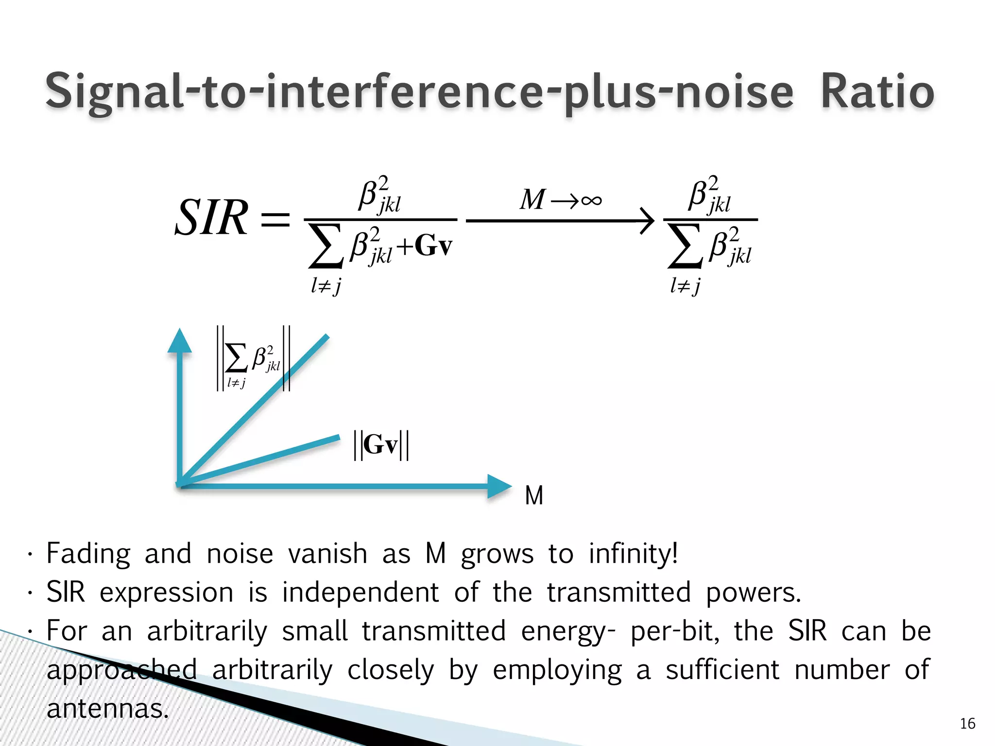 16 
Signal-to-interference-plus-noise Ratio 
SIR = β jkl 
2 
β jkl 
2 +Gv 
l≠j Σ 
⎯M⎯→⎯∞→ β jkl 
2 
β 2 
jkl 
l≠j Σ 
M 
β 2 
jkl 
l≠j Σ 
Gv 
• Fading and noise vanish as M grows to infinity! 
• SIR expression is independent of the transmitted powers. 
• For an arbitrarily small transmitted energy- per-bit, the SIR can be 
approached arbitrarily closely by employing a sufficient number of 
antennas. 
 