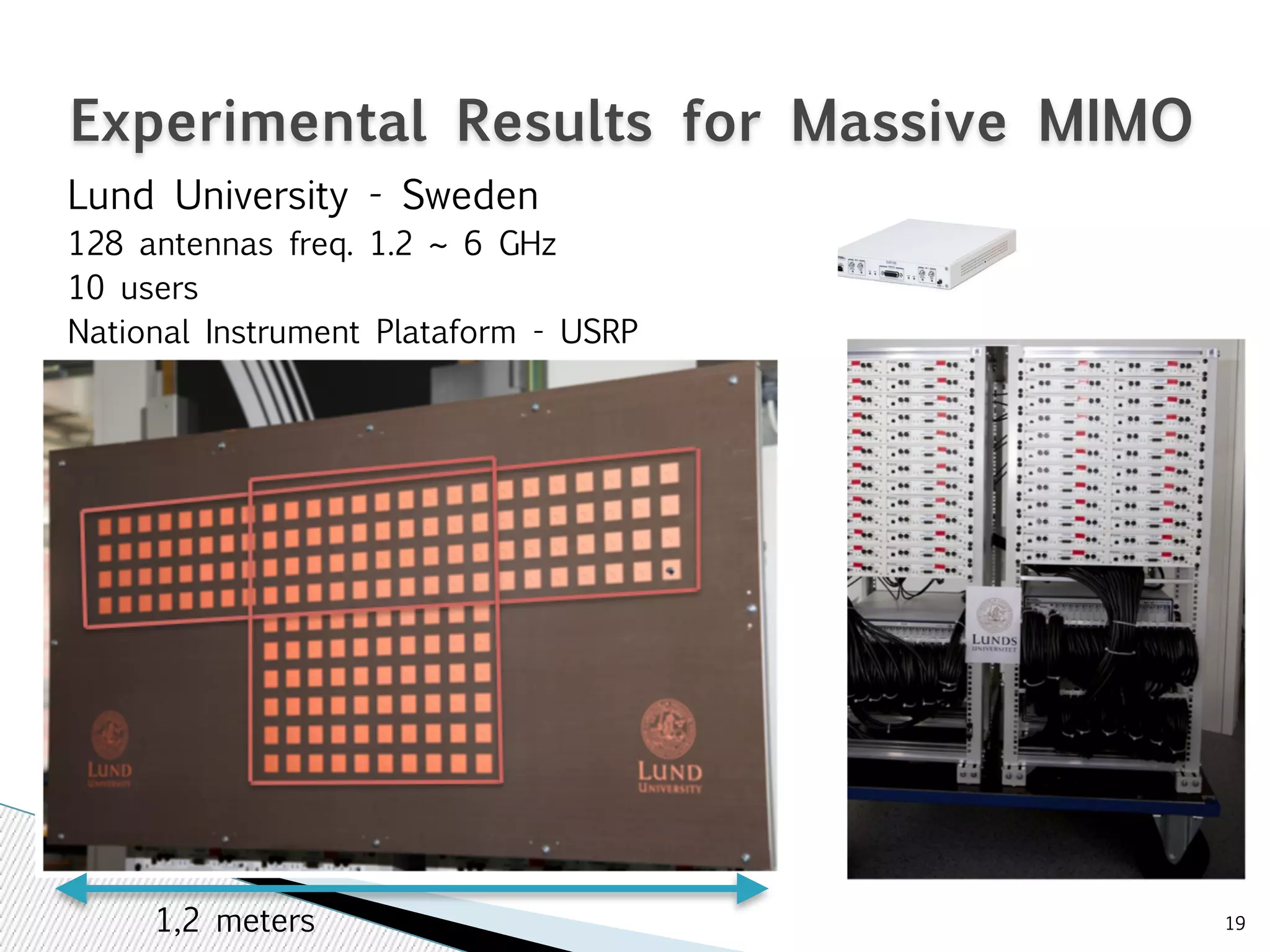 19 
Experimental Results for Massive MIMO 
Lund University - Sweden 
128 antennas freq. 1.2 ~ 6 GHz 
10 users 
National Instrument Plataform - USRP 
1,2 meters 
 