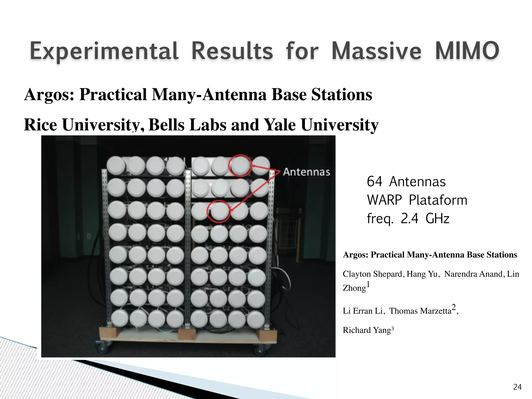 24 
Experimental Results for Massive MIMO 
Argos: Practical Many-Antenna Base Stations 
Rice University, Bells Labs and Yale University 
64 Antennas 
WARP Plataform 
freq. 2.4 GHz 
Argos: Practical Many-Antenna Base Stations 
Clayton Shepard, Hang Yu, Narendra Anand, Lin 
Zhong1 
Li Erran Li, Thomas Marzetta2, 
Richard Yang3 
 