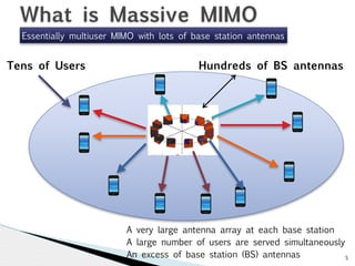 5 
What is Massive MIMO 
Essentially multiuser MIMO with lots of base station antennas 
Hundreds Tens of Users of BS antennas 
A very large antenna array at each base station 
A large number of users are served simultaneously 
An excess of base station (BS) antennas 
 