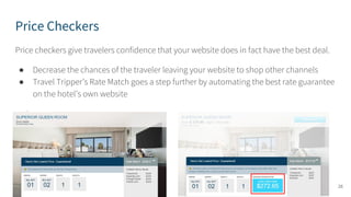 Price Checkers
Price checkers give travelers confidence that your website does in fact have the best deal.
● Decrease the chances of the traveler leaving your website to shop other channels
● Travel Tripper’s Rate Match goes a step further by automating the best rate guarantee
on the hotel’s own website
26
 