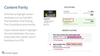 Content Parity
OTAs like to highlight certain
attributes such as Free WiFi,
Free Breakfast, Free Parking,
Free Cancellation prominently.
If your website doesn’t highlight
the same attributes, then your
hotel looks like a better value if
booking on an OTA.
OTA LISTING
WEBSITE LISTING
 