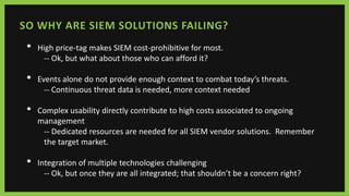 SO WHY ARE SIEM SOLUTIONS FAILING?
• High price-tag makes SIEM cost-prohibitive for most.
-- Ok, but what about those who can afford it?
• Events alone do not provide enough context to combat today’s threats.
-- Continuous threat data is needed, more context needed
• Complex usability directly contribute to high costs associated to ongoing
management
-- Dedicated resources are needed for all SIEM vendor solutions. Remember
the target market.
• Integration of multiple technologies challenging
-- Ok, but once they are all integrated; that shouldn’t be a concern right?
 