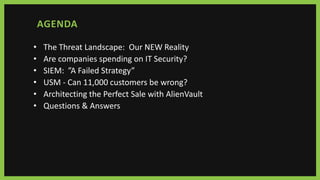 AGENDA
• The Threat Landscape: Our NEW Reality
• Are companies spending on IT Security?
• SIEM: ”A Failed Strategy”
• USM - Can 11,000 customers be wrong?
• Architecting the Perfect Sale with AlienVault
• Questions & Answers
 