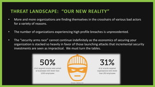 • More and more organizations are finding themselves in the crosshairs of various bad actors
for a variety of reasons.
• The number of organizations experiencing high profile breaches is unprecedented.
• The “security arms race” cannot continue indefinitely as the economics of securing your
organization is stacked so heavily in favor of those launching attacks that incremental security
investments are seen as impractical. We must turn the tables.
THREAT LANDSCAPE: “OUR NEW REALITY”
 