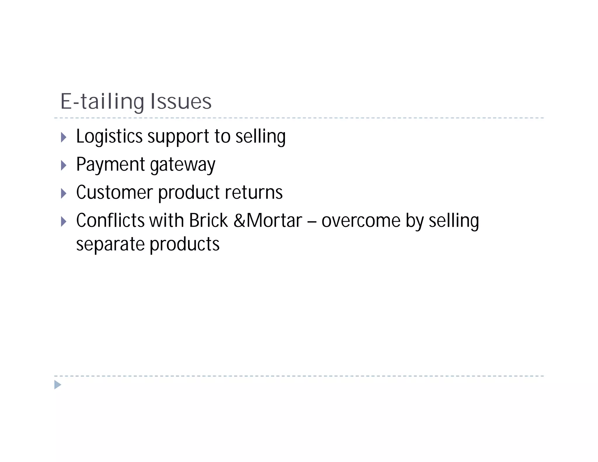 E-tailing Issues
 Logistics support to selling
 Payment gateway
 Customer product returns
 Conflicts with Brick &Mortar – overcome by selling
 separate products
 