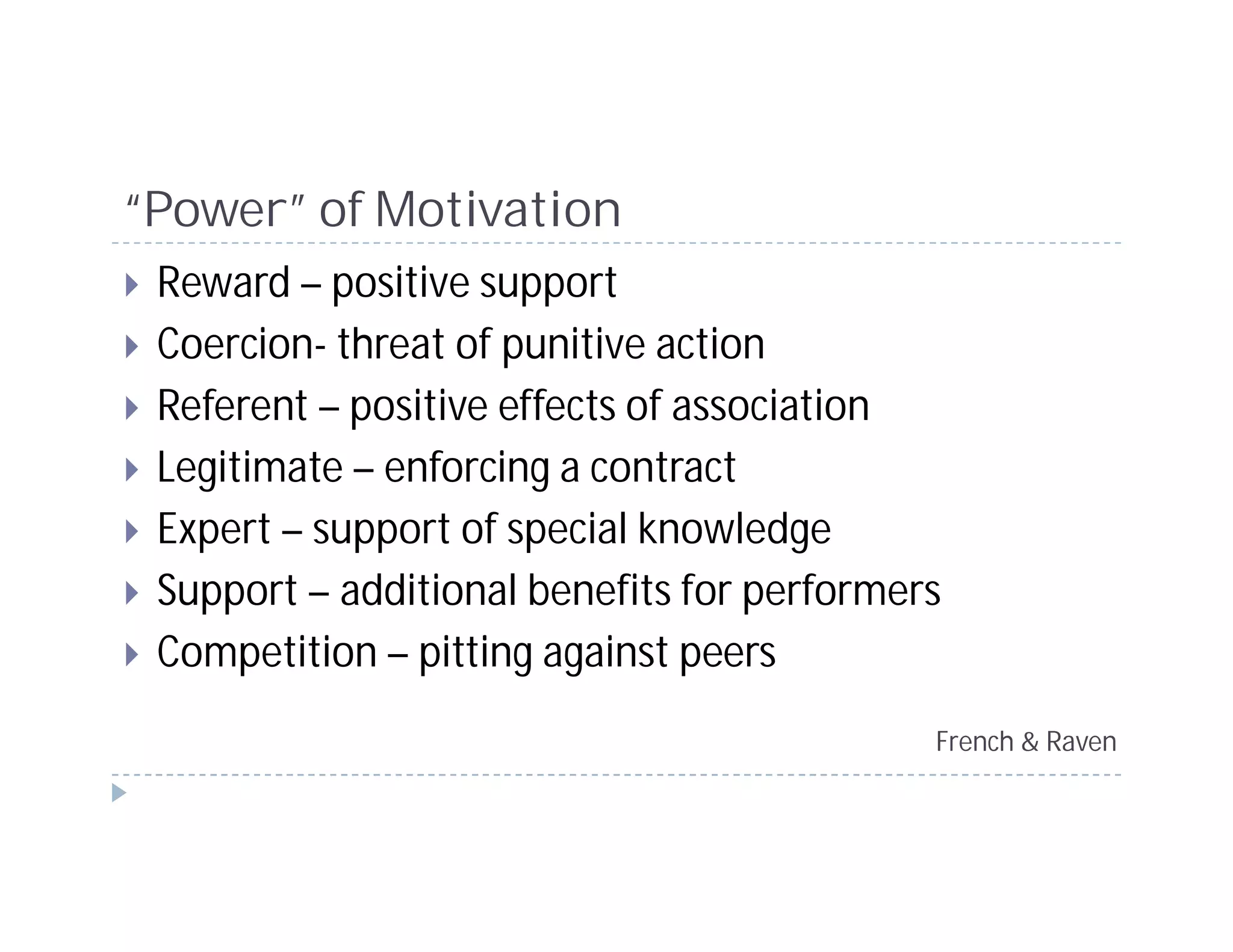 “Power” of Motivation
 Reward – positive support
 Coercion- threat of punitive action
 Referent – positive effects of association
 Legitimate – enforcing a contract
 Expert – support of special knowledge
 Support – additional benefits for performers
 Competition – pitting against peers
                                            French & Raven
 