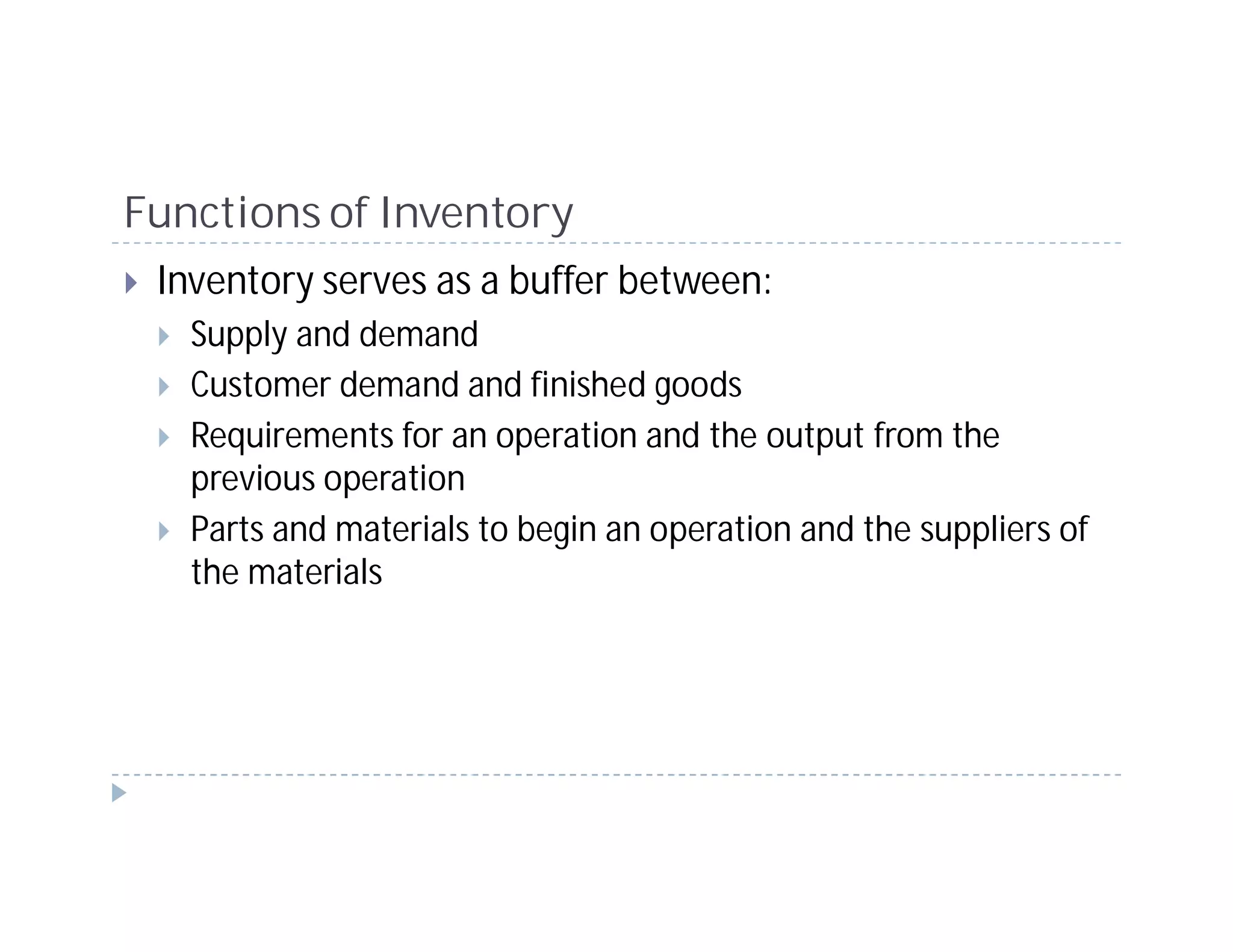 Functions of Inventory
 Inventory serves as a buffer between:
   Supply and demand
   Customer demand and finished goods
   Requirements for an operation and the output from the
   previous operation
   Parts and materials to begin an operation and the suppliers of
   the materials
 