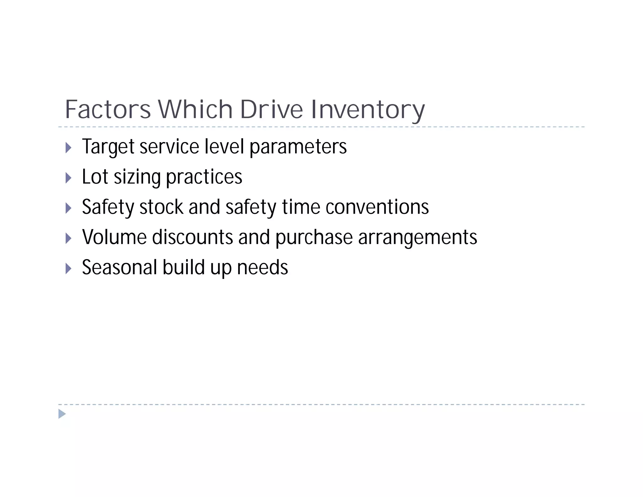 Factors Which Drive Inventory
 Target service level parameters
 Lot sizing practices
 Safety stock and safety time conventions
 Volume discounts and purchase arrangements
 Seasonal build up needs
 