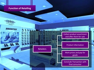 Function of Retailing




                                    Collect product assortment
                                      and offer them for sale



                                       Product Information
                        Retailers
                                     Mark prices and pay for
                                             goods


                                    Conclude Transaction with
                                         final consumer
 