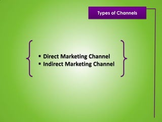 Types of Channels




 Direct Marketing Channel
 Indirect Marketing Channel
 