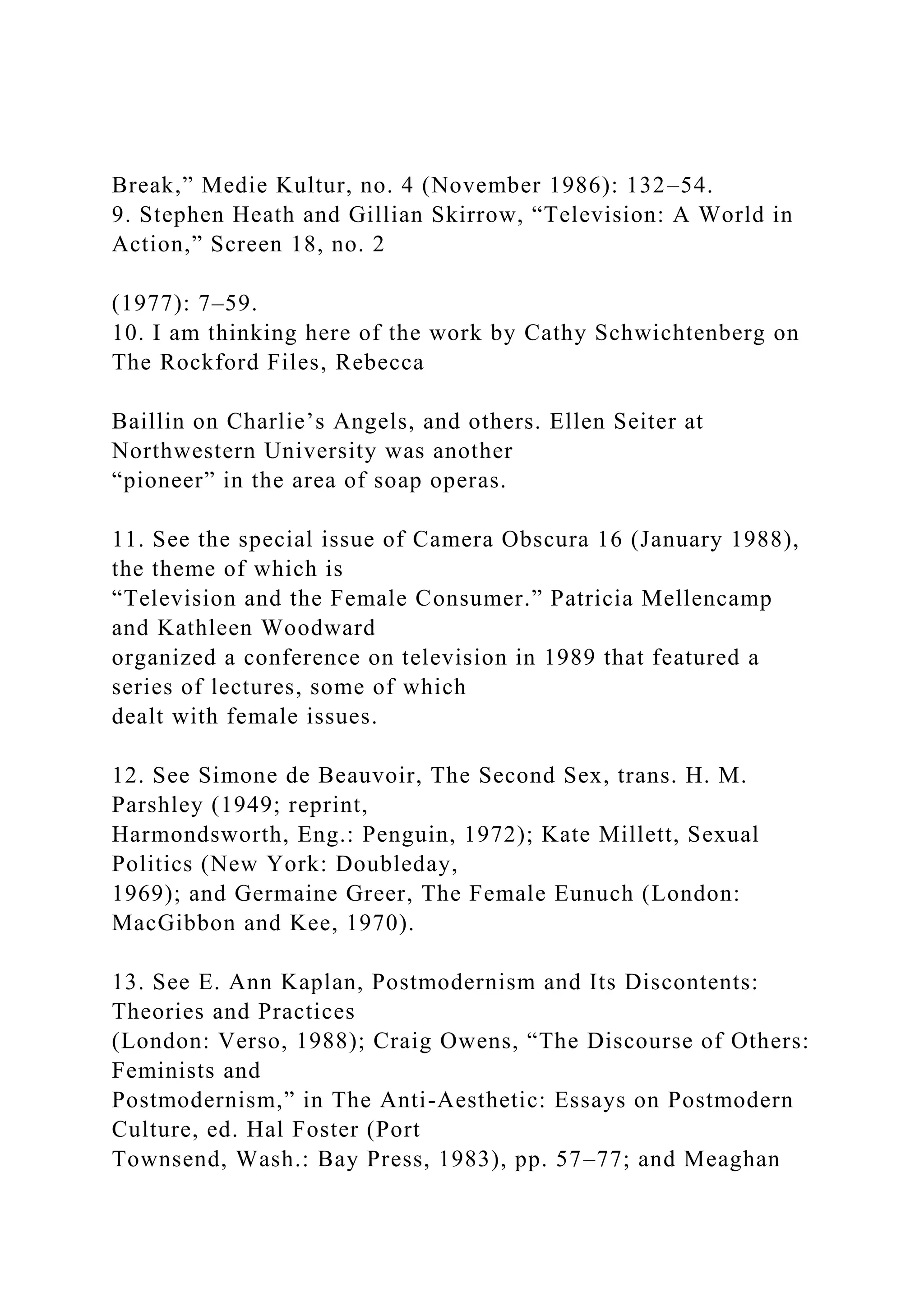 Break,” Medie Kultur, no. 4 (November 1986): 132–54.
9. Stephen Heath and Gillian Skirrow, “Television: A World in
Action,” Screen 18, no. 2
(1977): 7–59.
10. I am thinking here of the work by Cathy Schwichtenberg on
The Rockford Files, Rebecca
Baillin on Charlie’s Angels, and others. Ellen Seiter at
Northwestern University was another
“pioneer” in the area of soap operas.
11. See the special issue of Camera Obscura 16 (January 1988),
the theme of which is
“Television and the Female Consumer.” Patricia Mellencamp
and Kathleen Woodward
organized a conference on television in 1989 that featured a
series of lectures, some of which
dealt with female issues.
12. See Simone de Beauvoir, The Second Sex, trans. H. M.
Parshley (1949; reprint,
Harmondsworth, Eng.: Penguin, 1972); Kate Millett, Sexual
Politics (New York: Doubleday,
1969); and Germaine Greer, The Female Eunuch (London:
MacGibbon and Kee, 1970).
13. See E. Ann Kaplan, Postmodernism and Its Discontents:
Theories and Practices
(London: Verso, 1988); Craig Owens, “The Discourse of Others:
Feminists and
Postmodernism,” in The Anti-Aesthetic: Essays on Postmodern
Culture, ed. Hal Foster (Port
Townsend, Wash.: Bay Press, 1983), pp. 57–77; and Meaghan
 
