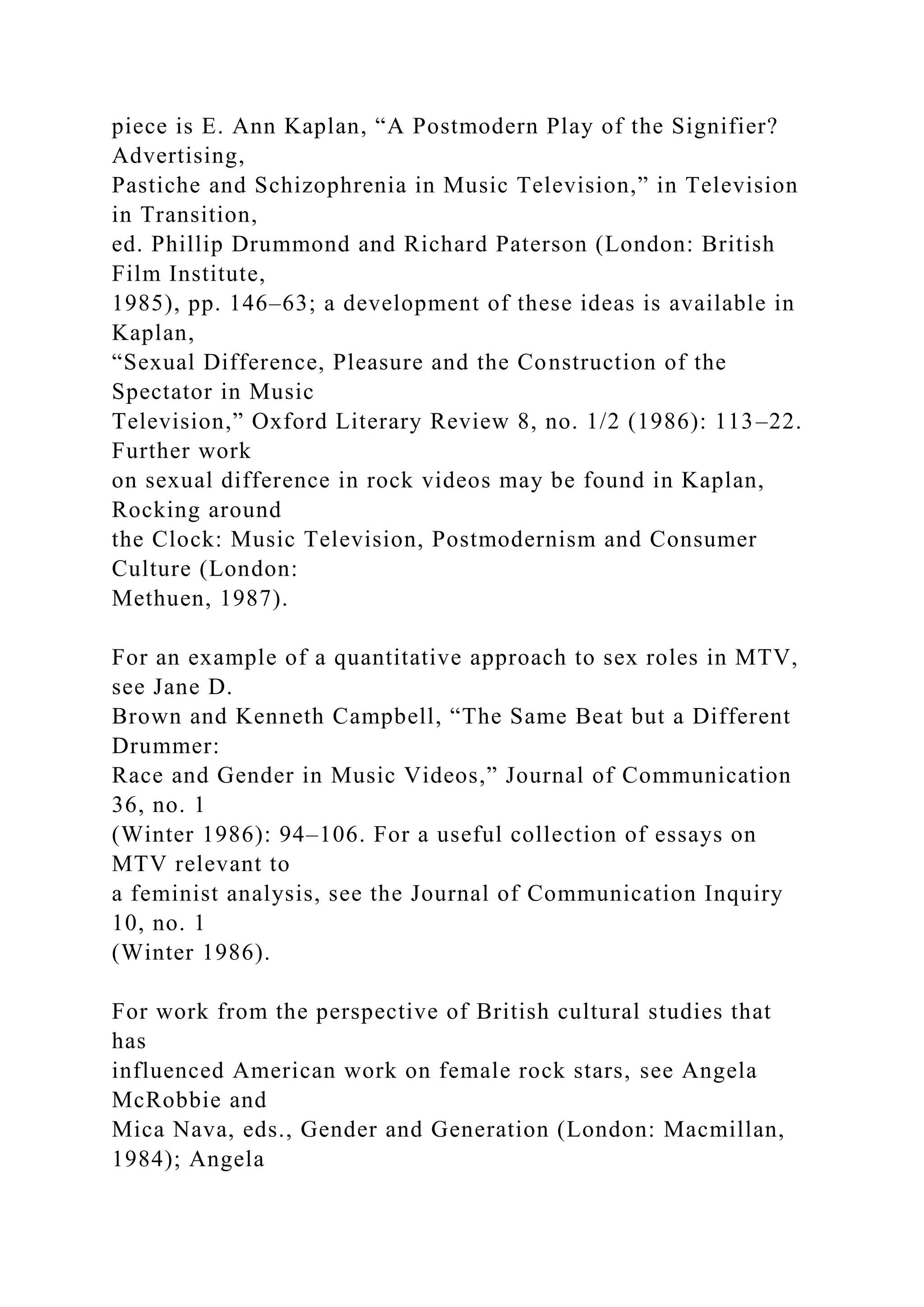 piece is E. Ann Kaplan, “A Postmodern Play of the Signifier?
Advertising,
Pastiche and Schizophrenia in Music Television,” in Television
in Transition,
ed. Phillip Drummond and Richard Paterson (London: British
Film Institute,
1985), pp. 146–63; a development of these ideas is available in
Kaplan,
“Sexual Difference, Pleasure and the Construction of the
Spectator in Music
Television,” Oxford Literary Review 8, no. 1/2 (1986): 113–22.
Further work
on sexual difference in rock videos may be found in Kaplan,
Rocking around
the Clock: Music Television, Postmodernism and Consumer
Culture (London:
Methuen, 1987).
For an example of a quantitative approach to sex roles in MTV,
see Jane D.
Brown and Kenneth Campbell, “The Same Beat but a Different
Drummer:
Race and Gender in Music Videos,” Journal of Communication
36, no. 1
(Winter 1986): 94–106. For a useful collection of essays on
MTV relevant to
a feminist analysis, see the Journal of Communication Inquiry
10, no. 1
(Winter 1986).
For work from the perspective of British cultural studies that
has
influenced American work on female rock stars, see Angela
McRobbie and
Mica Nava, eds., Gender and Generation (London: Macmillan,
1984); Angela
 