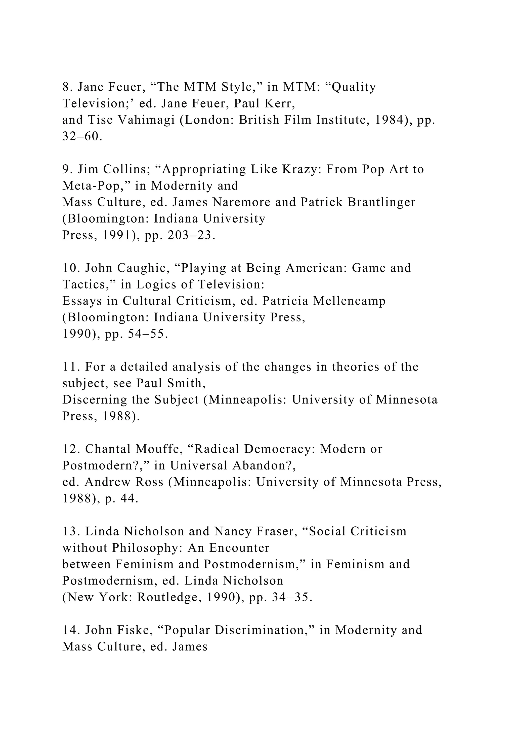 8. Jane Feuer, “The MTM Style,” in MTM: “Quality
Television;’ ed. Jane Feuer, Paul Kerr,
and Tise Vahimagi (London: British Film Institute, 1984), pp.
32–60.
9. Jim Collins; “Appropriating Like Krazy: From Pop Art to
Meta-Pop,” in Modernity and
Mass Culture, ed. James Naremore and Patrick Brantlinger
(Bloomington: Indiana University
Press, 1991), pp. 203–23.
10. John Caughie, “Playing at Being American: Game and
Tactics,” in Logics of Television:
Essays in Cultural Criticism, ed. Patricia Mellencamp
(Bloomington: Indiana University Press,
1990), pp. 54–55.
11. For a detailed analysis of the changes in theories of the
subject, see Paul Smith,
Discerning the Subject (Minneapolis: University of Minnesota
Press, 1988).
12. Chantal Mouffe, “Radical Democracy: Modern or
Postmodern?,” in Universal Abandon?,
ed. Andrew Ross (Minneapolis: University of Minnesota Press,
1988), p. 44.
13. Linda Nicholson and Nancy Fraser, “Social Criticism
without Philosophy: An Encounter
between Feminism and Postmodernism,” in Feminism and
Postmodernism, ed. Linda Nicholson
(New York: Routledge, 1990), pp. 34–35.
14. John Fiske, “Popular Discrimination,” in Modernity and
Mass Culture, ed. James
 