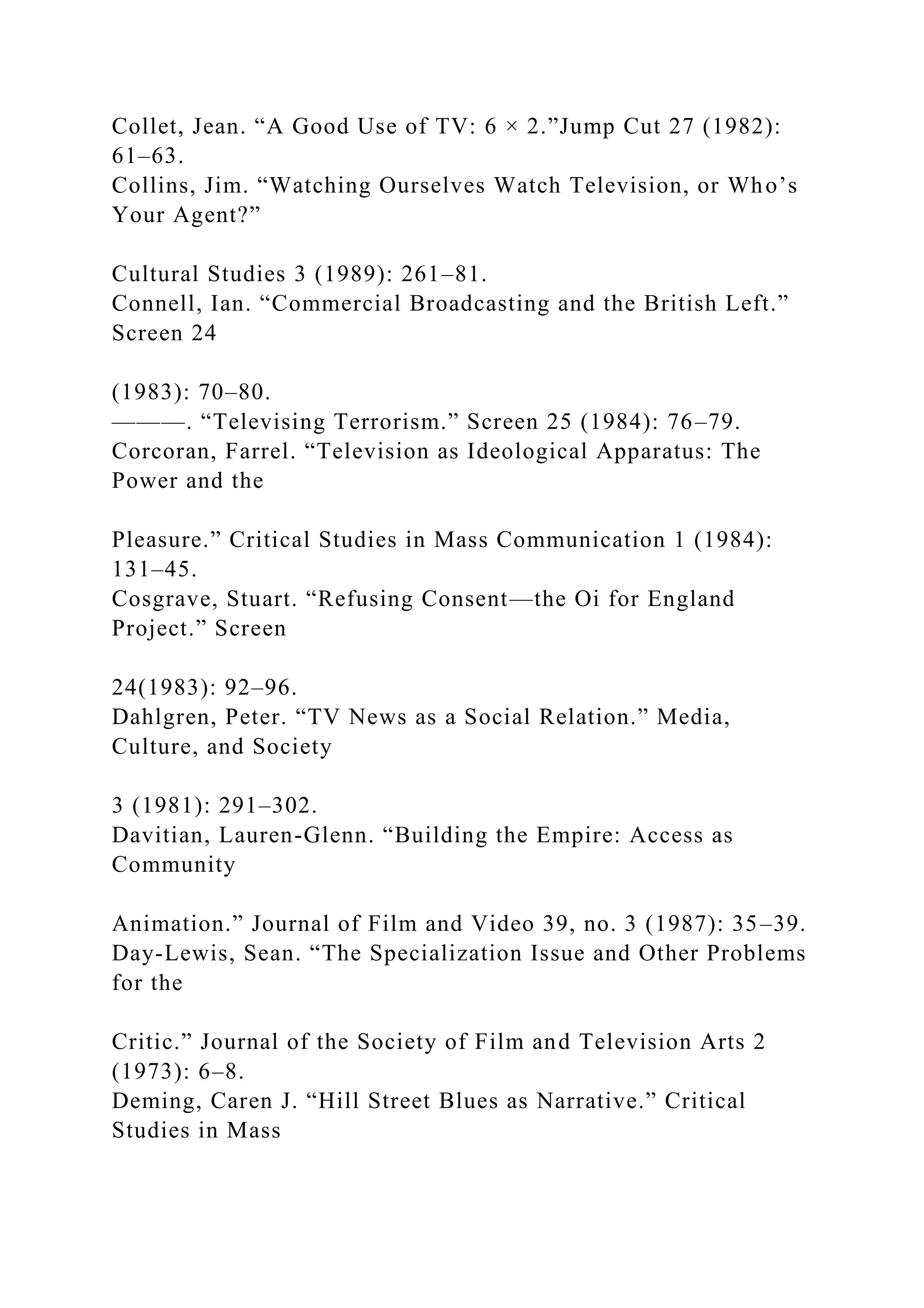 Collet, Jean. “A Good Use of TV: 6 × 2.”Jump Cut 27 (1982):
61–63.
Collins, Jim. “Watching Ourselves Watch Television, or Who’s
Your Agent?”
Cultural Studies 3 (1989): 261–81.
Connell, Ian. “Commercial Broadcasting and the British Left.”
Screen 24
(1983): 70–80.
———. “Televising Terrorism.” Screen 25 (1984): 76–79.
Corcoran, Farrel. “Television as Ideological Apparatus: The
Power and the
Pleasure.” Critical Studies in Mass Communication 1 (1984):
131–45.
Cosgrave, Stuart. “Refusing Consent—the Oi for England
Project.” Screen
24(1983): 92–96.
Dahlgren, Peter. “TV News as a Social Relation.” Media,
Culture, and Society
3 (1981): 291–302.
Davitian, Lauren-Glenn. “Building the Empire: Access as
Community
Animation.” Journal of Film and Video 39, no. 3 (1987): 35–39.
Day-Lewis, Sean. “The Specialization Issue and Other Problems
for the
Critic.” Journal of the Society of Film and Television Arts 2
(1973): 6–8.
Deming, Caren J. “Hill Street Blues as Narrative.” Critical
Studies in Mass
 