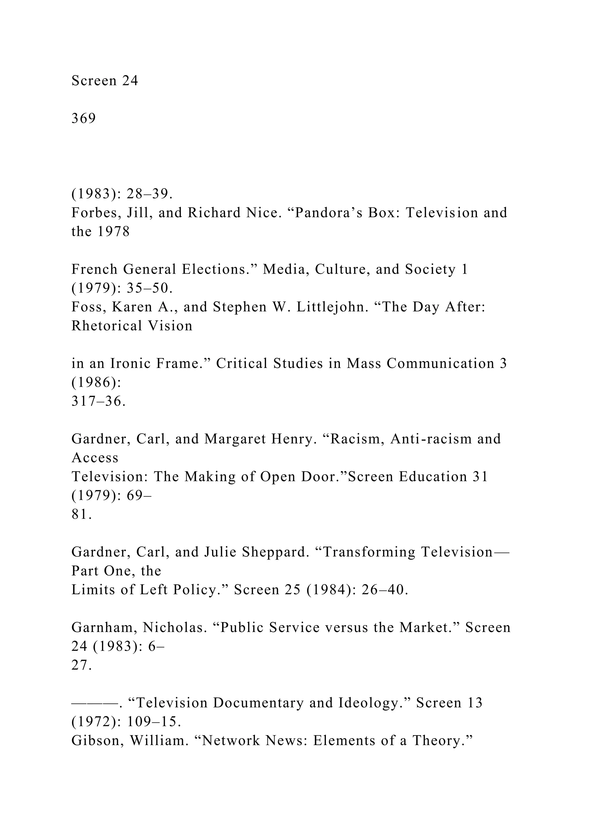 Screen 24
369
(1983): 28–39.
Forbes, Jill, and Richard Nice. “Pandora’s Box: Television and
the 1978
French General Elections.” Media, Culture, and Society 1
(1979): 35–50.
Foss, Karen A., and Stephen W. Littlejohn. “The Day After:
Rhetorical Vision
in an Ironic Frame.” Critical Studies in Mass Communication 3
(1986):
317–36.
Gardner, Carl, and Margaret Henry. “Racism, Anti-racism and
Access
Television: The Making of Open Door.”Screen Education 31
(1979): 69–
81.
Gardner, Carl, and Julie Sheppard. “Transforming Television—
Part One, the
Limits of Left Policy.” Screen 25 (1984): 26–40.
Garnham, Nicholas. “Public Service versus the Market.” Screen
24 (1983): 6–
27.
———. “Television Documentary and Ideology.” Screen 13
(1972): 109–15.
Gibson, William. “Network News: Elements of a Theory.”
 